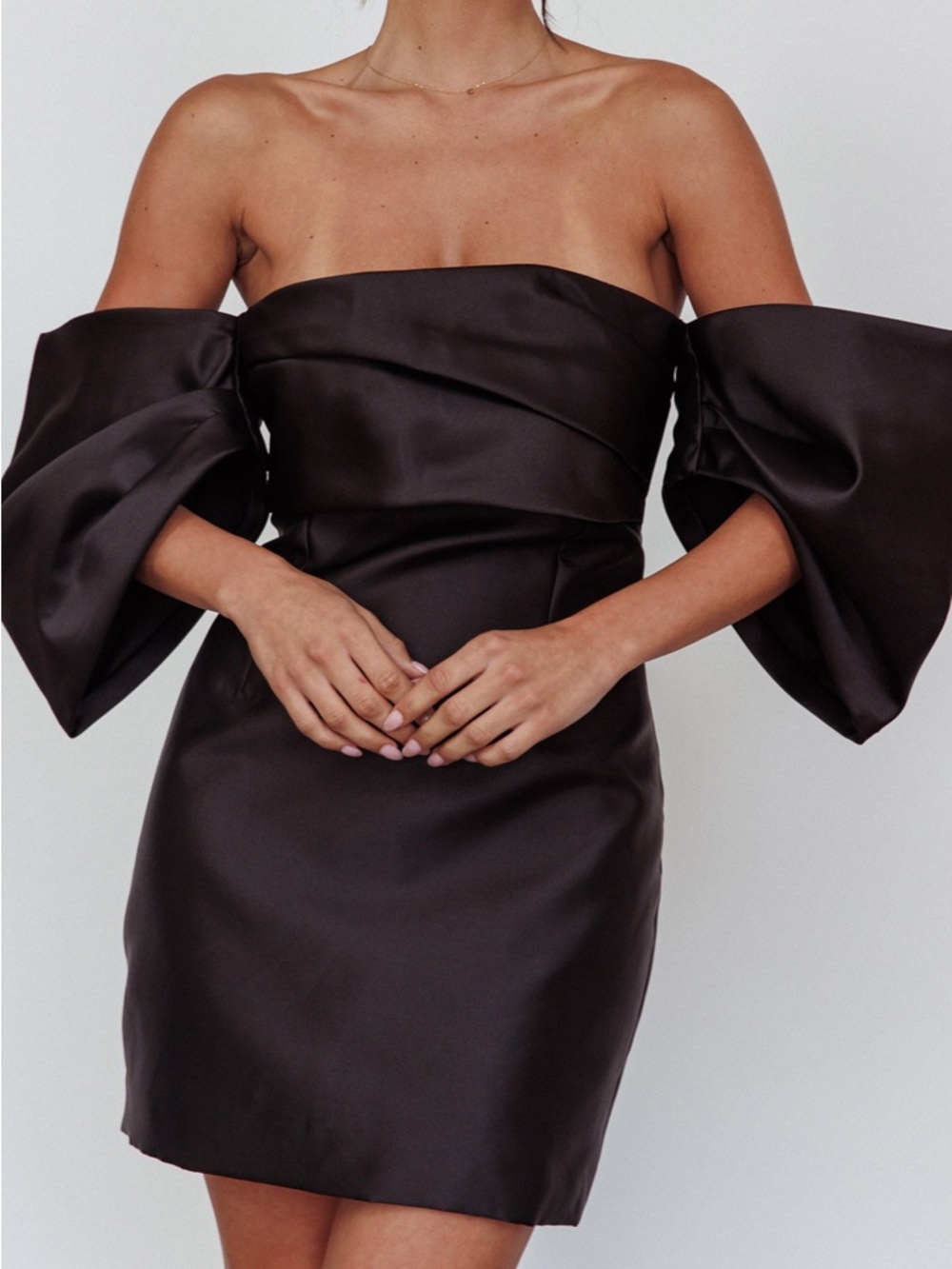 Selfie Leslie Black Strapless Satin Mini Dress with Statement Puff Sleeves
